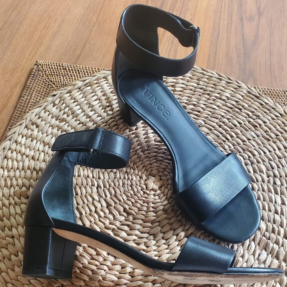 Vince black leather Rita heeled sandal with Ankle strap